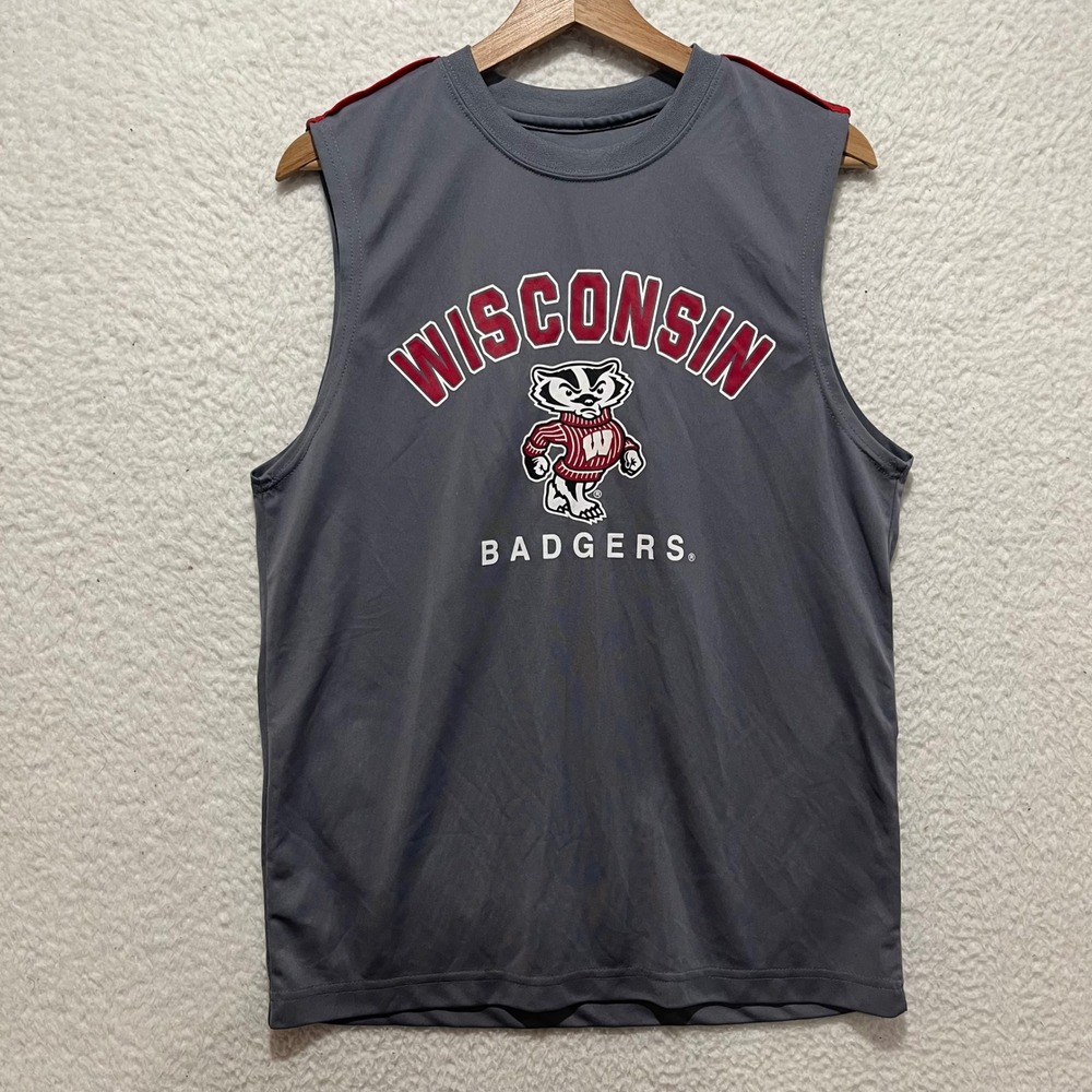 Wisconsin Badgers Mens Tank Top Sleeveless Athletic Shirt Size M Gray Red